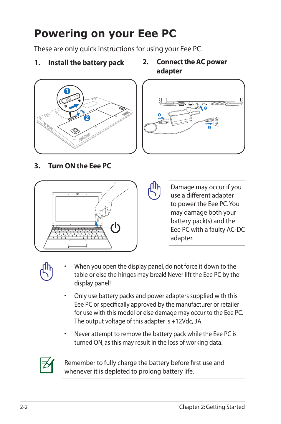 Powering on your eee pc, Powering on your eee pc -2 | Asus Eee PC 1003HAG User Manual | Page 22 / 60