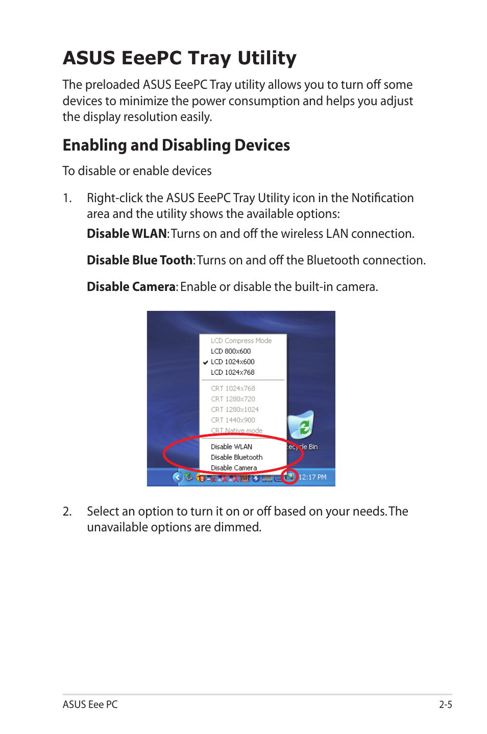 Asus eeepc tray utility, Enabling and disabling devices, Asus eeepc tray utility -5 | Enabling and disabling devices -5 | Asus Eee PC 1003HAG User Manual | Page 25 / 60