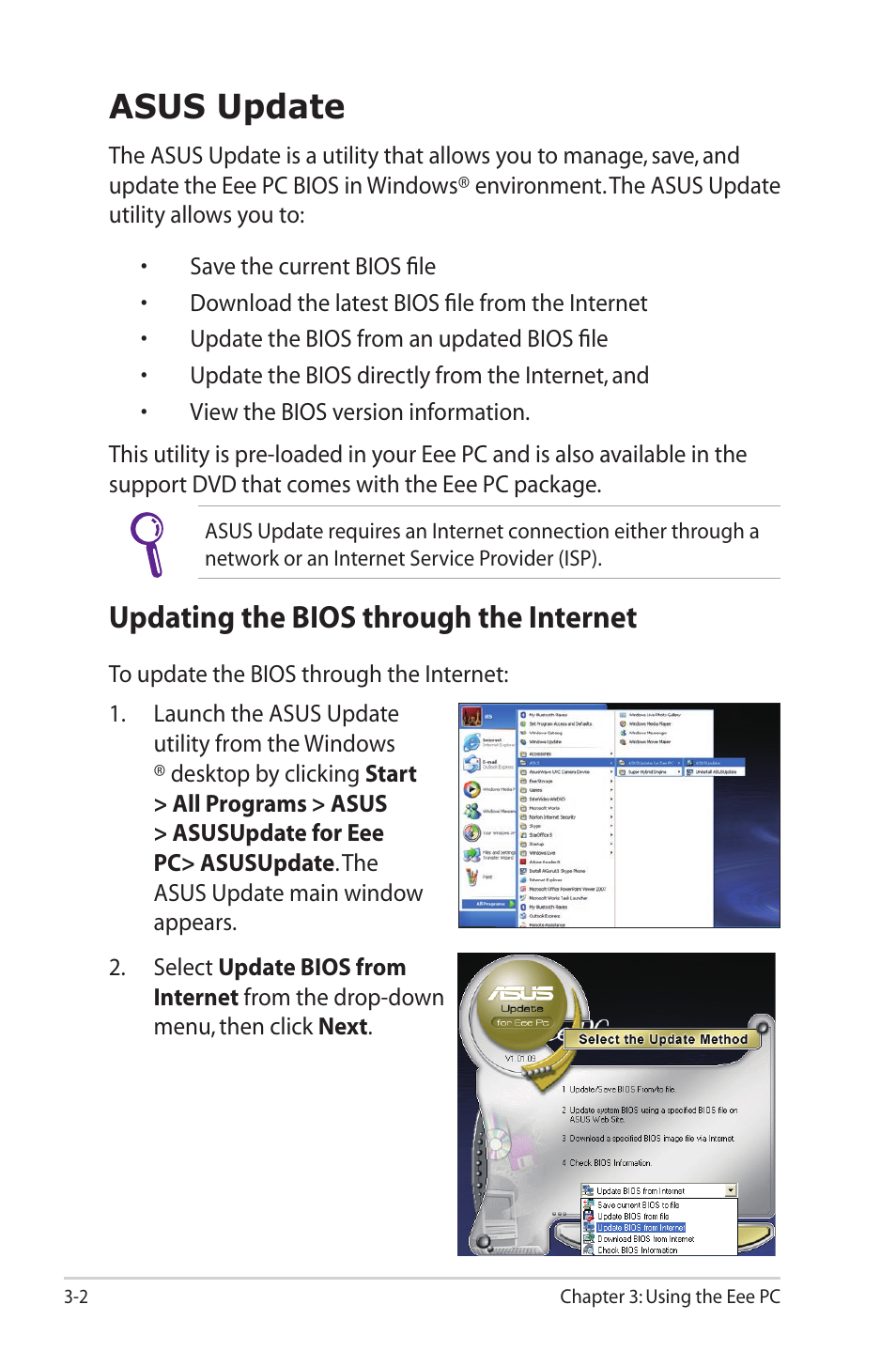 Asus update, Updating the bios through the internet, Asus update -2 | Updating the bios through the internet -2 | Asus Eee PC 1003HAG User Manual | Page 34 / 60