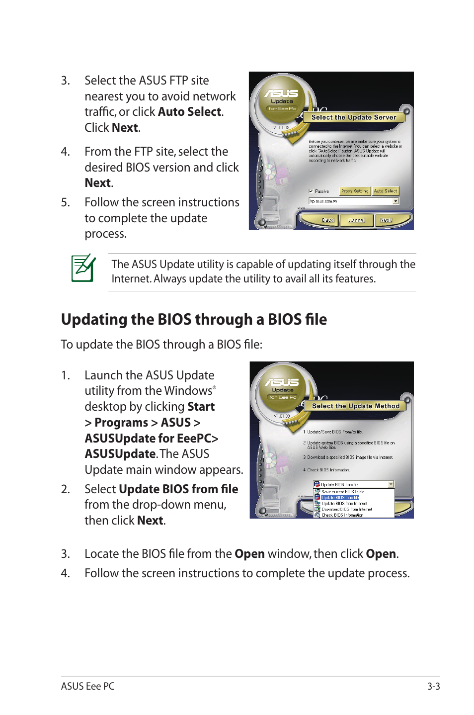 Updating the bios through a bios file, Updating the bios through a bios file -3 | Asus Eee PC 1003HAG User Manual | Page 35 / 60