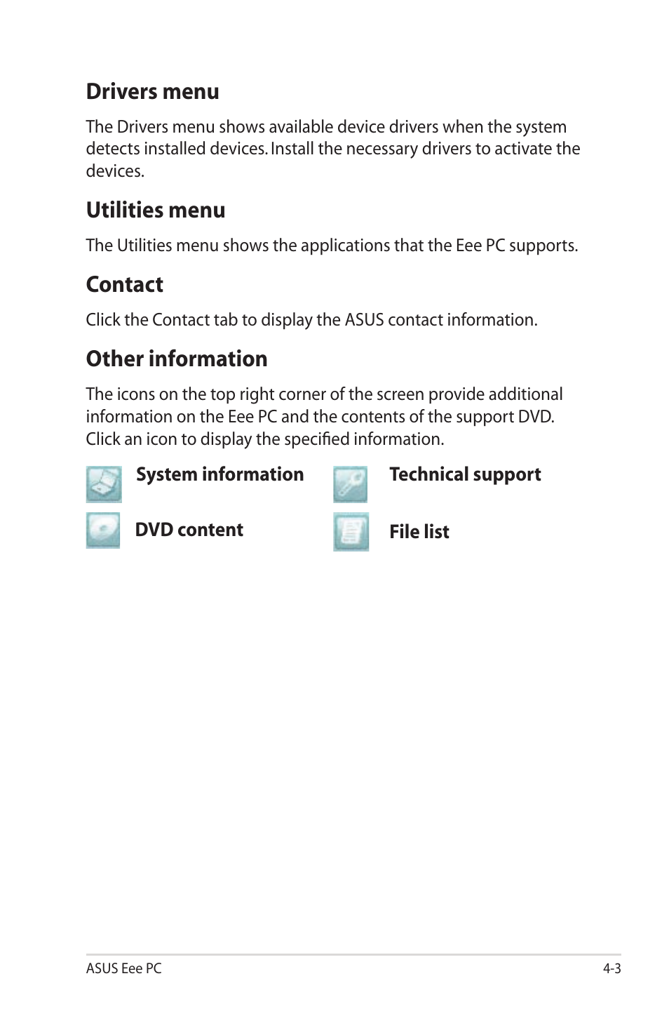 Drivers menu, Utilities menu, Contact | Other information | Asus Eee PC 1003HAG User Manual | Page 43 / 60