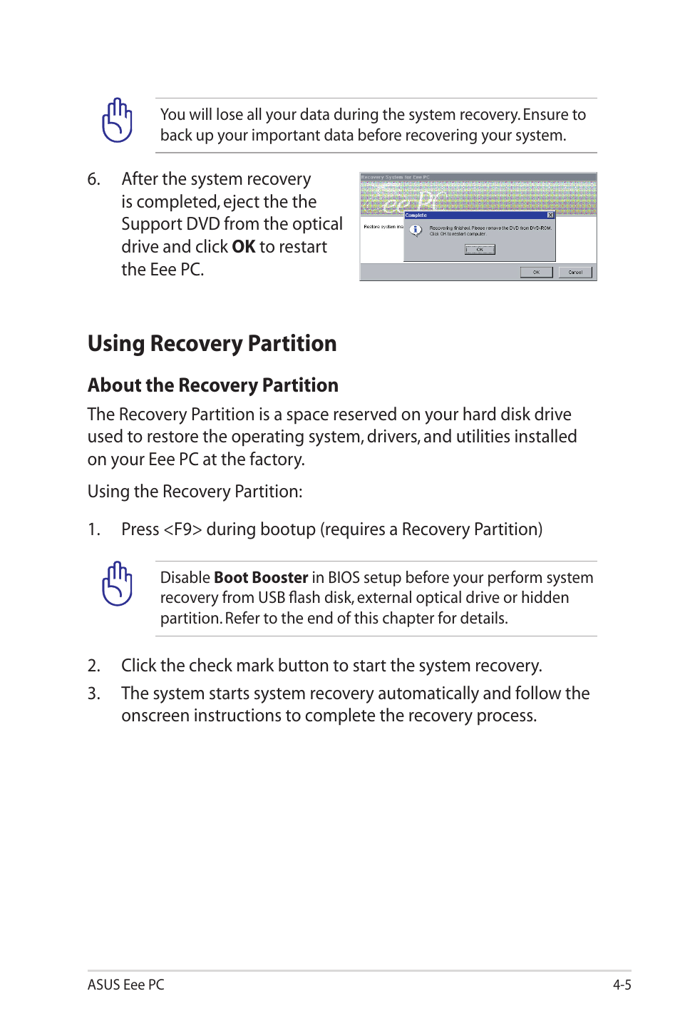 Using recovery partition, Using recovery partition -5 | Asus Eee PC 1003HAG User Manual | Page 45 / 60