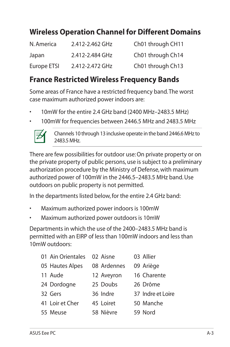 Wireless operation channel for different domains, France restricted wireless frequency bands | Asus Eee PC 1003HAG User Manual | Page 49 / 60