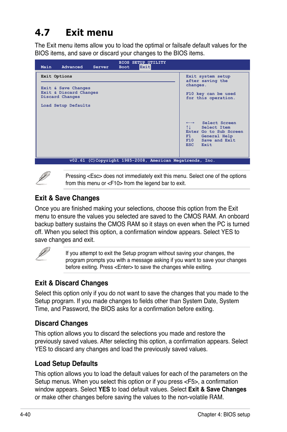 7 exit menu, Exit menu -40, Exit & save changes | Exit & discard changes, Discard changes, Load setup defaults | Asus Z8PE-D18 User Manual | Page 100 / 164