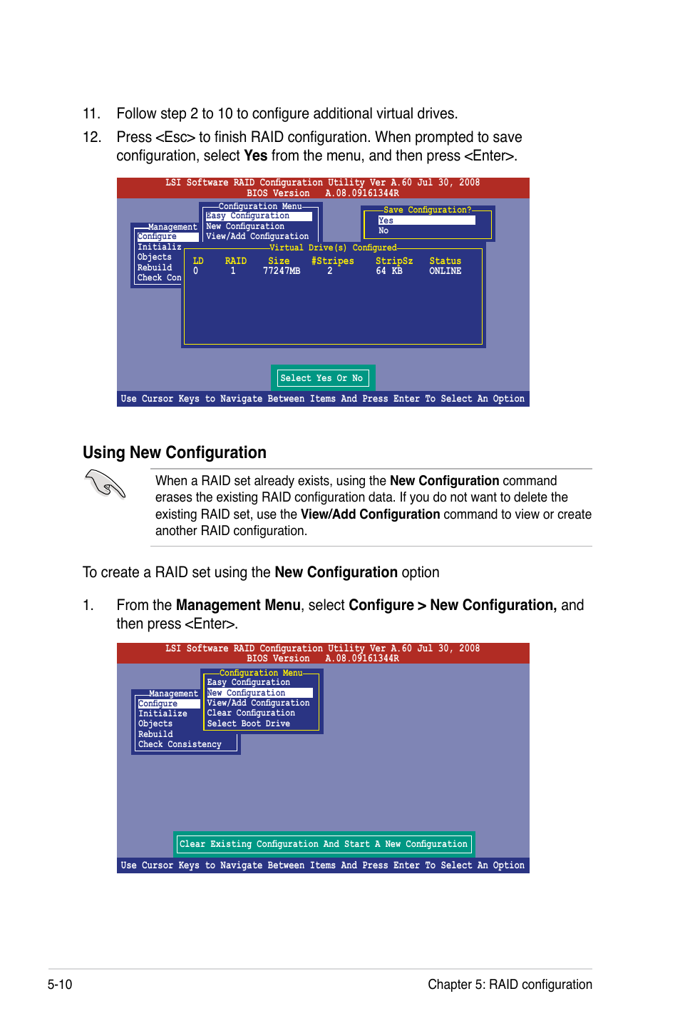 Using new configuration, 10 chapter 5: raid configuration | Asus Z8PE-D18 User Manual | Page 110 / 164