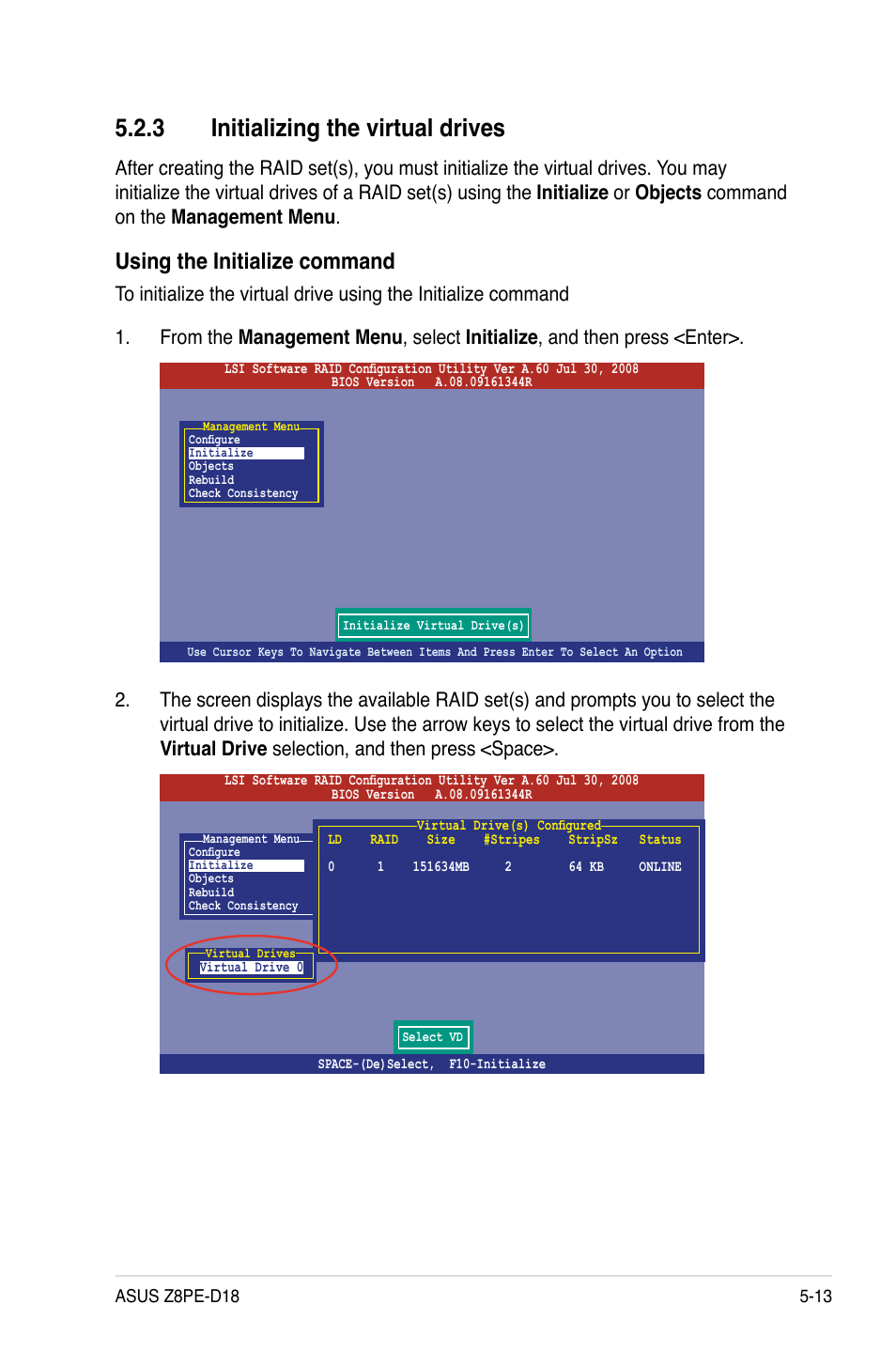 3 initializing the virtual drives, Initializing the virtual drives -13, Using the initialize command | Asus Z8PE-D18 User Manual | Page 113 / 164