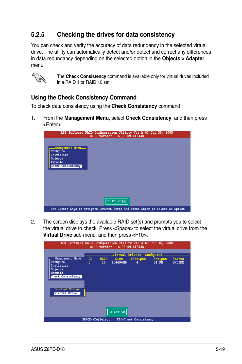 5 checking the drives for data consistency, Checking the drives for data consistency -19, Using the check consistency command | Asus Z8PE-D18 User Manual | Page 119 / 164