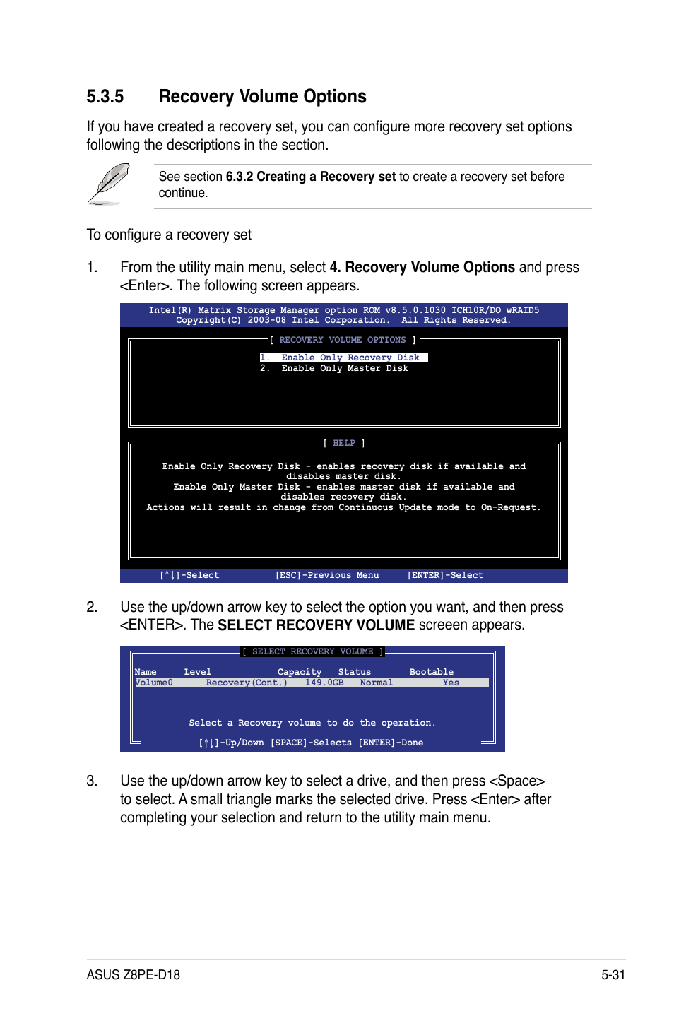 5 recovery volume options, Recovery volume options -31 | Asus Z8PE-D18 User Manual | Page 131 / 164