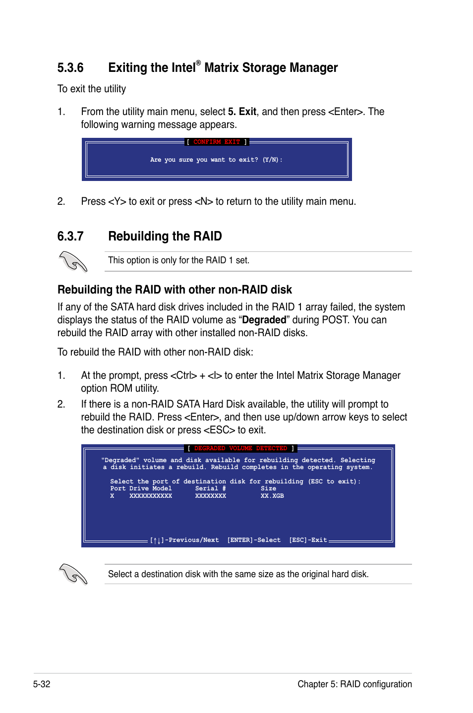 6 exiting the intel® matrix storage manager, 7 rebuilding the raid, Exiting the intel | Matrix storage manager -32, Rebuilding the raid -32, 6 exiting the intel, Matrix storage manager, Rebuilding the raid with other non-raid disk | Asus Z8PE-D18 User Manual | Page 132 / 164