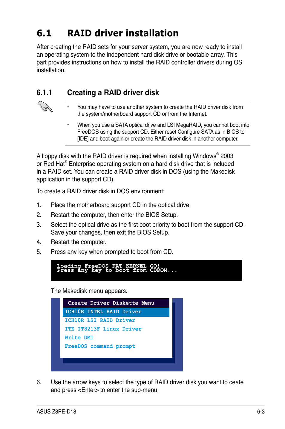 1 raid driver installation, 1 creating a raid driver disk, Raid driver installation -3 6.1.1 | Creating a raid driver disk -3 | Asus Z8PE-D18 User Manual | Page 137 / 164