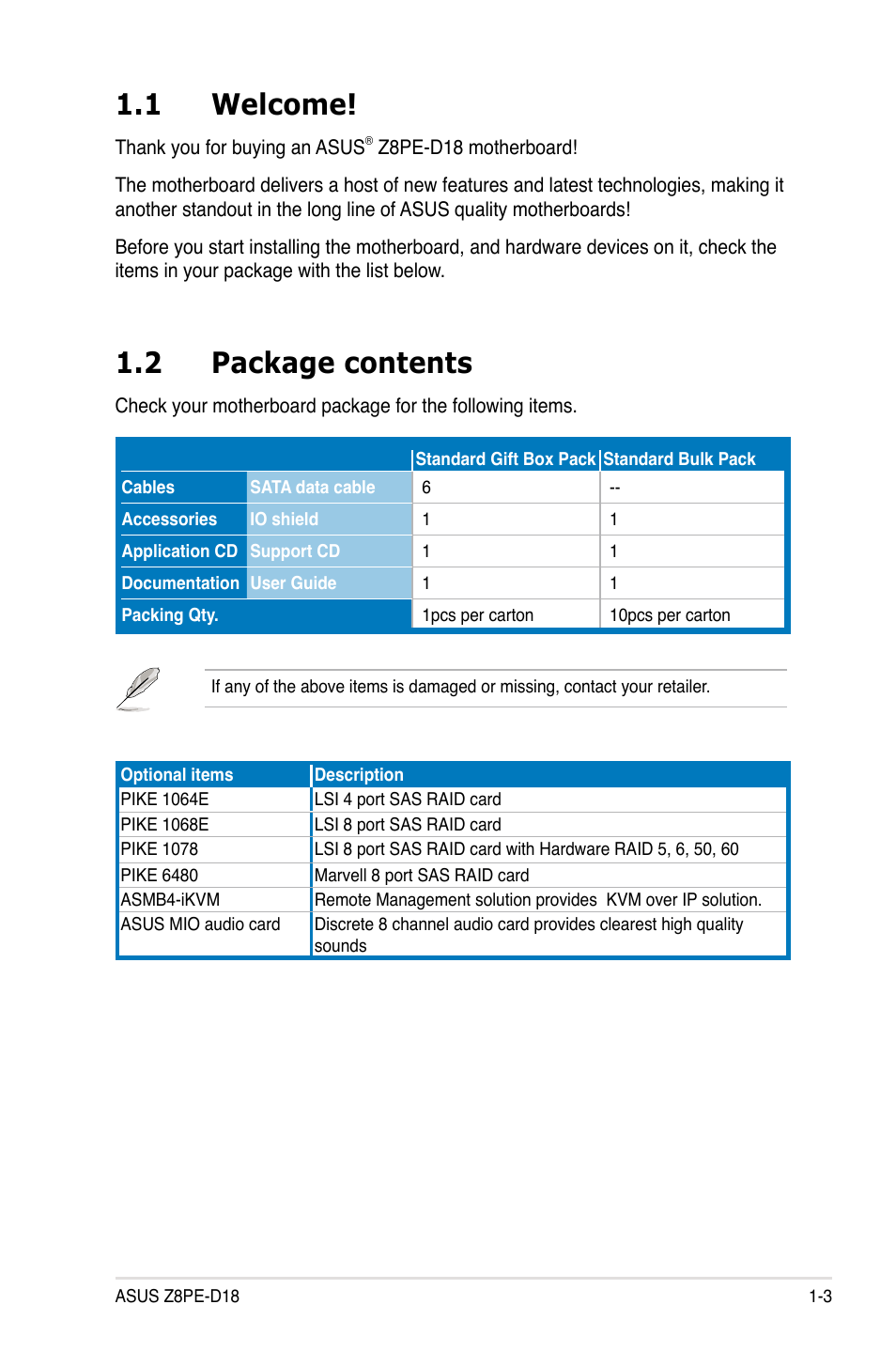 1 welcome, 2 package contents, Welcome! -3 | Package contents -3 | Asus Z8PE-D18 User Manual | Page 15 / 164