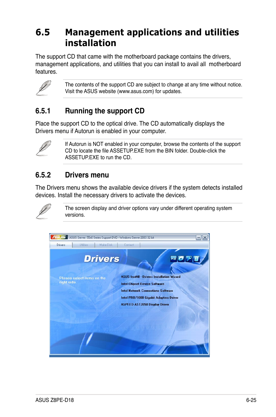 1 running the support cd, 2 drivers menu, Running the support cd -25 | Drivers menu -25 | Asus Z8PE-D18 User Manual | Page 159 / 164