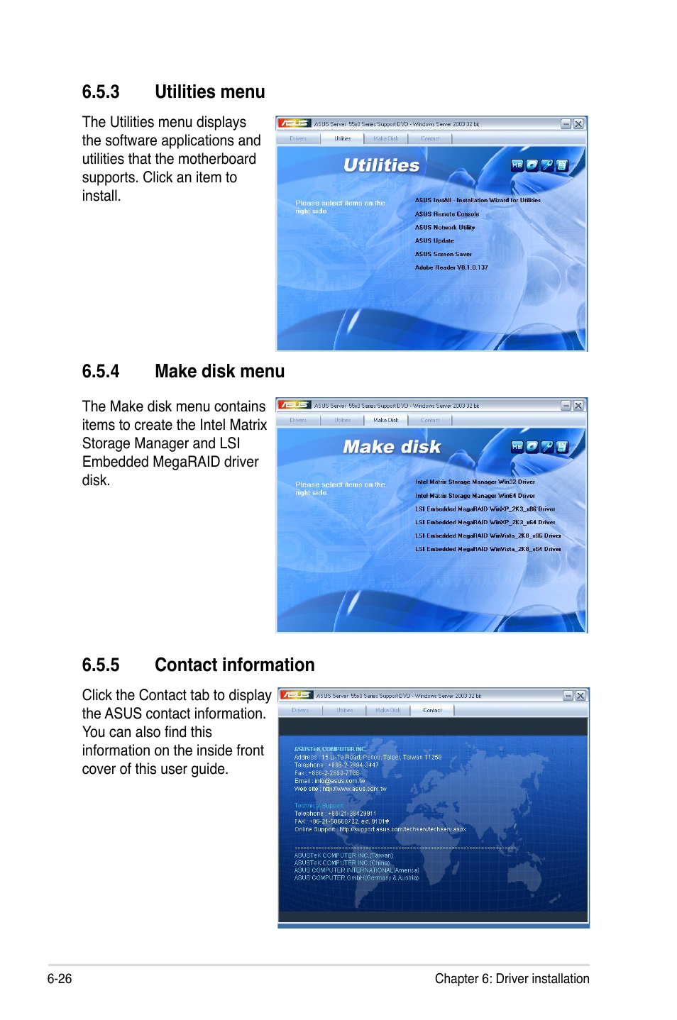 3 utilities menu, 4 make disk menu, 5 contact information | Utilities menu -26, Make disk menu -26, Contact information -26 | Asus Z8PE-D18 User Manual | Page 160 / 164