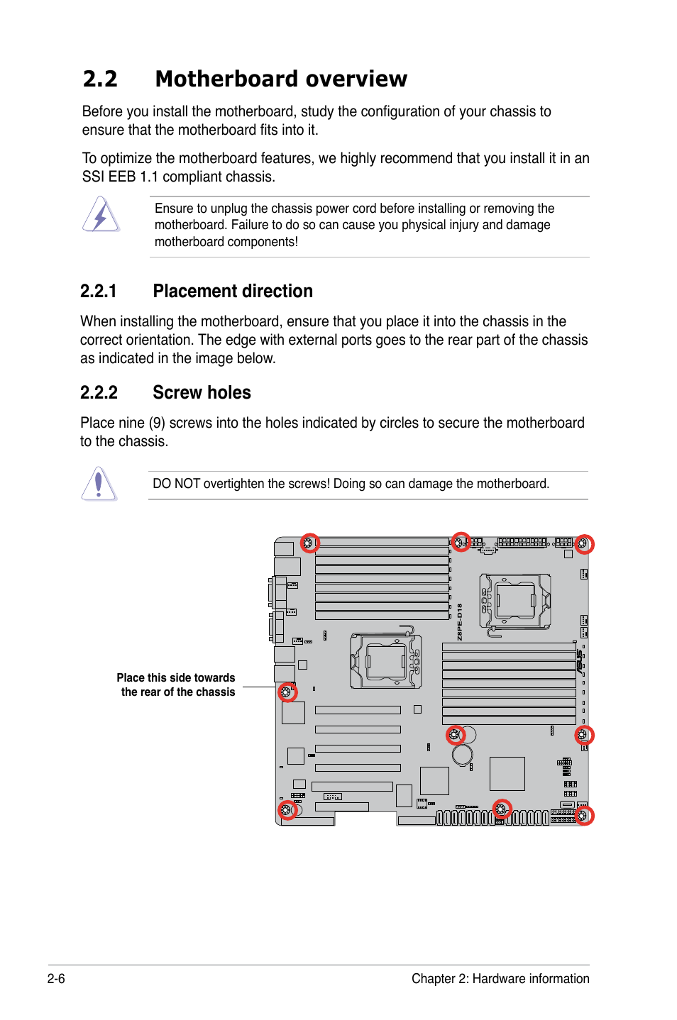 2 motherboard overview, 1 placement direction, 2 screw holes | Motherboard overview -6 2.2.1, Placement direction -6, Screw holes -6 | Asus Z8PE-D18 User Manual | Page 24 / 164