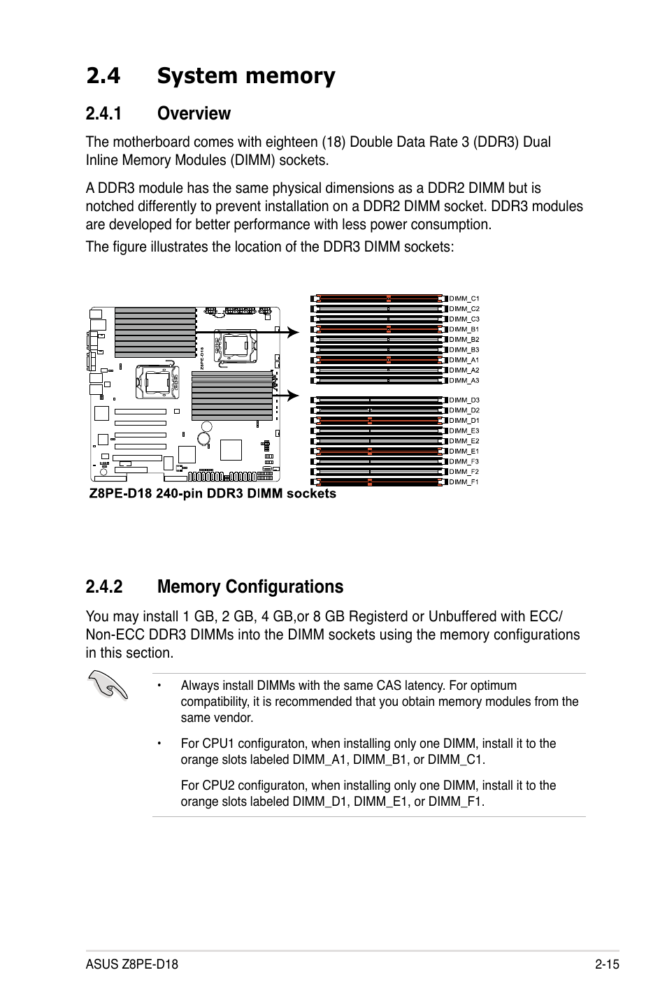 4 system memory, 1 overview, 2 memory configurations | System memory -15 2.4.1, Overview -15, Memory configurations -15 | Asus Z8PE-D18 User Manual | Page 33 / 164