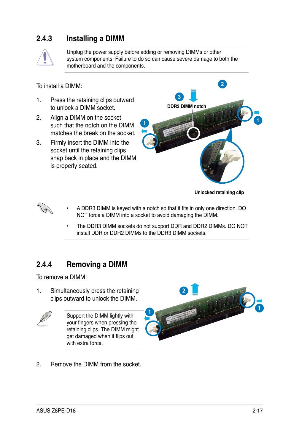 3 installing a dimm, 4 removing a dimm, Installing a dimm -17 | Removing a dimm -17 | Asus Z8PE-D18 User Manual | Page 35 / 164