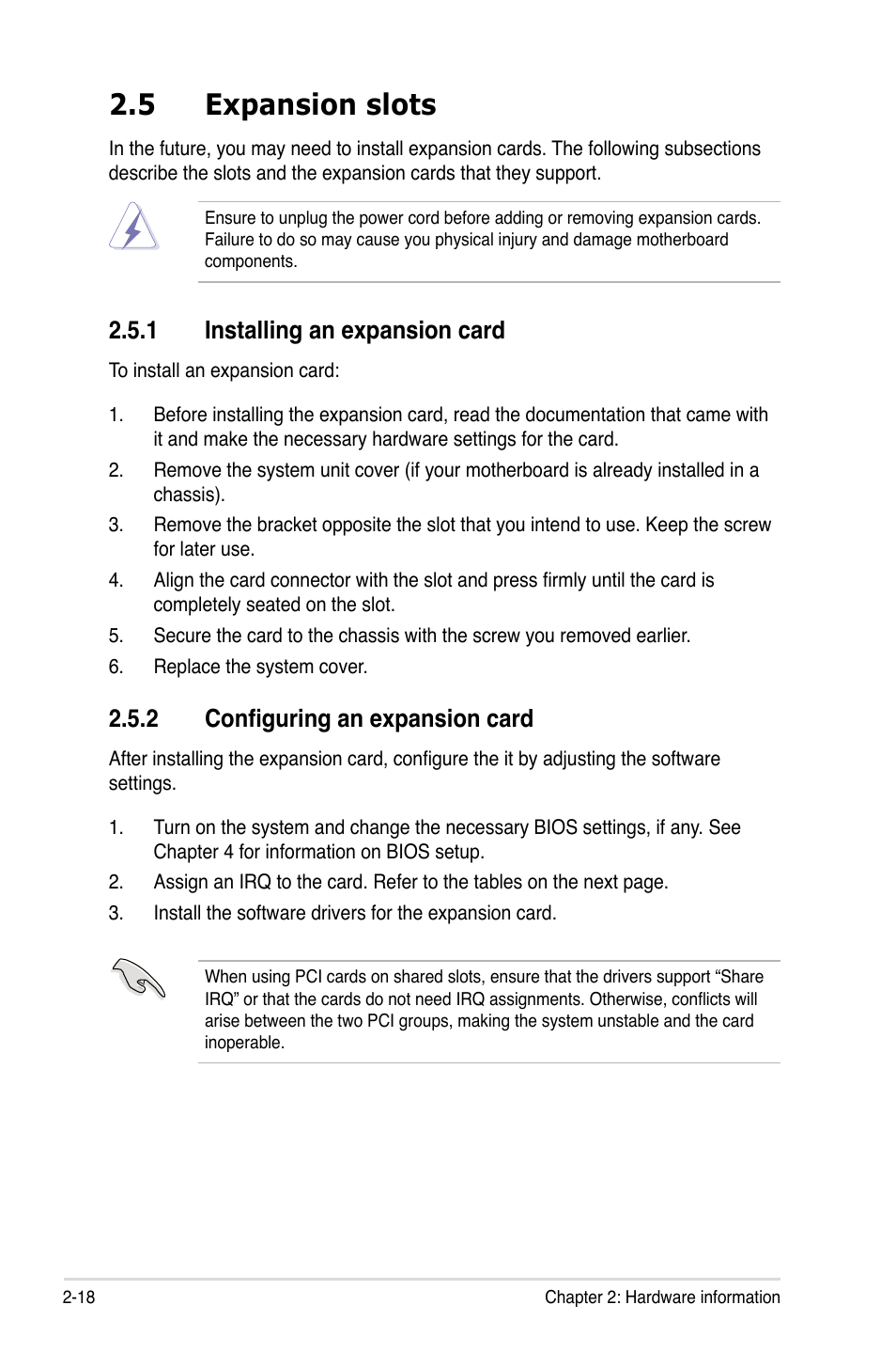 5 expansion slots, 1 installing an expansion card, 2 configuring an expansion card | Expansion slots -18 2.5.1, Installing an expansion card -18, Configuring an expansion card -18 | Asus Z8PE-D18 User Manual | Page 36 / 164