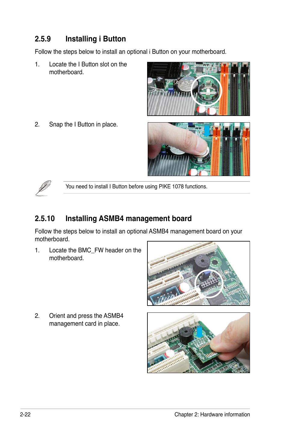 9 installing i button, 10 installing asmb4 management board, Installing i button -22 | 10 installing asmb4 management board -22 | Asus Z8PE-D18 User Manual | Page 40 / 164