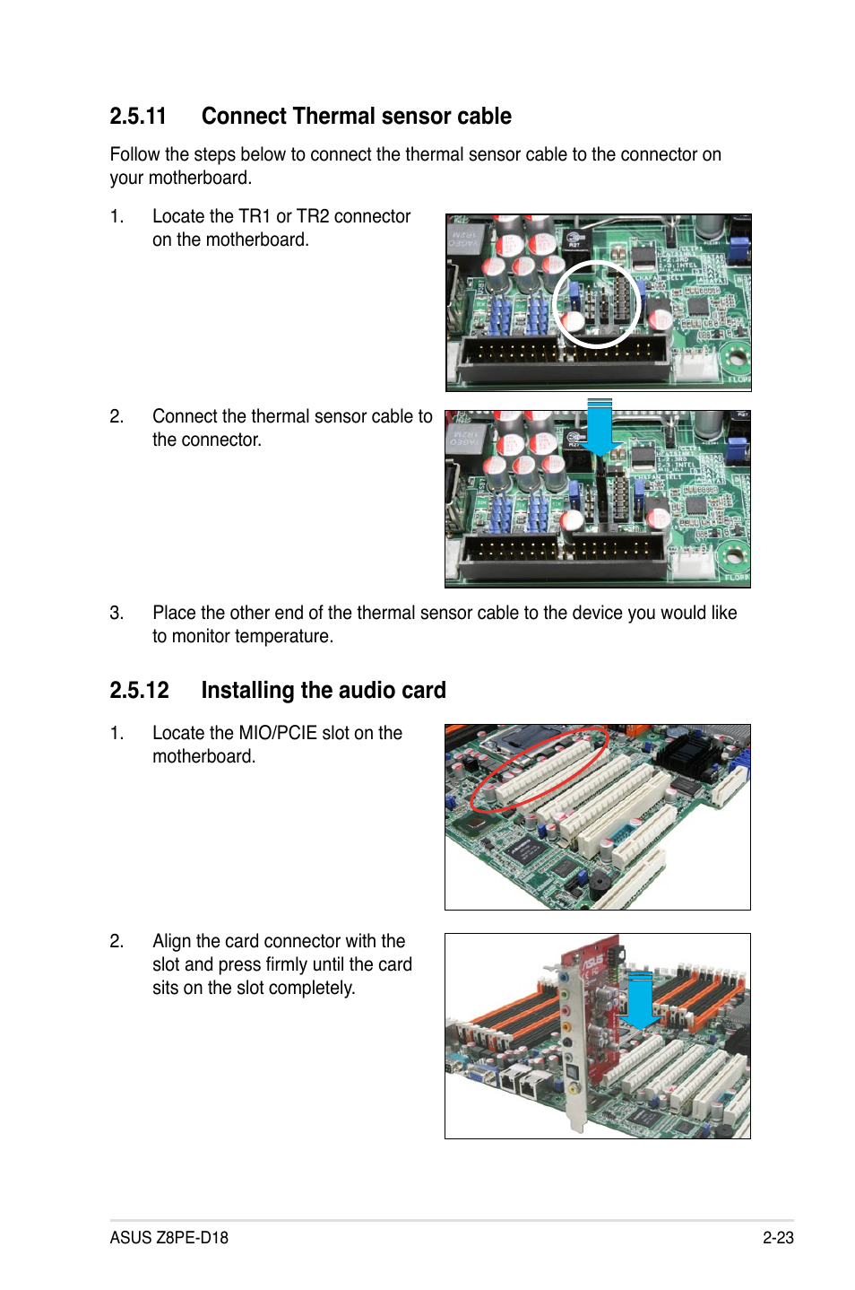 11 connect thermal sensor cable, 12 installing the audio card | Asus Z8PE-D18 User Manual | Page 41 / 164