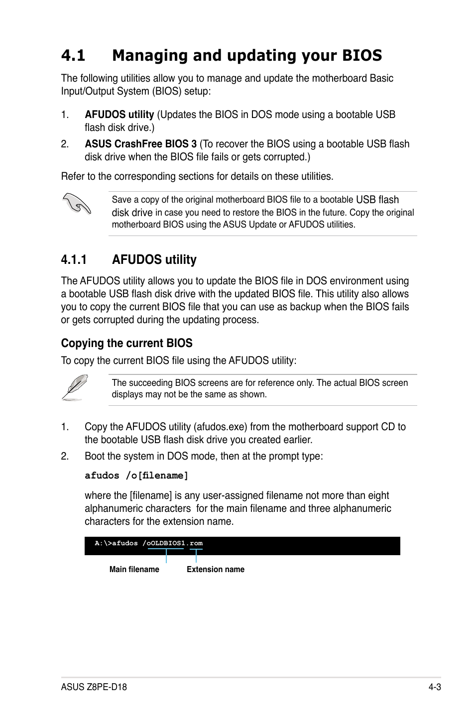 1 managing and updating your bios, 1 afudos utility, Managing and updating your bios -3 4.1.1 | Afudos utility -3 | Asus Z8PE-D18 User Manual | Page 63 / 164