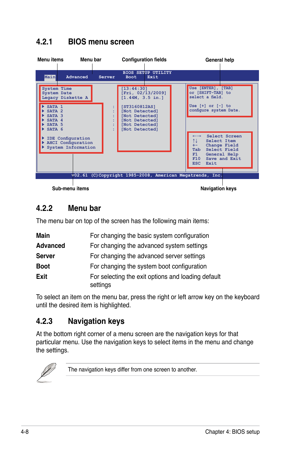 1 bios menu screen, 2 menu bar, 3 navigation keys | Bios menu screen -8, Menu bar -8, Navigation keys -8 | Asus Z8PE-D18 User Manual | Page 68 / 164