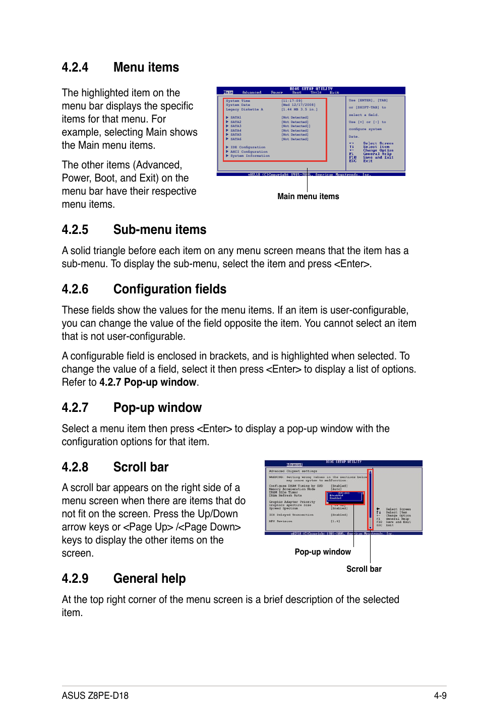 4 menu items, 5 sub-menu items, 6 configuration fields | 7 pop-up window, 8 scroll bar, 9 general help, Menu items -9, Sub-menu items -9, Configuration fields -9, Pop-up window -9 | Asus Z8PE-D18 User Manual | Page 69 / 164