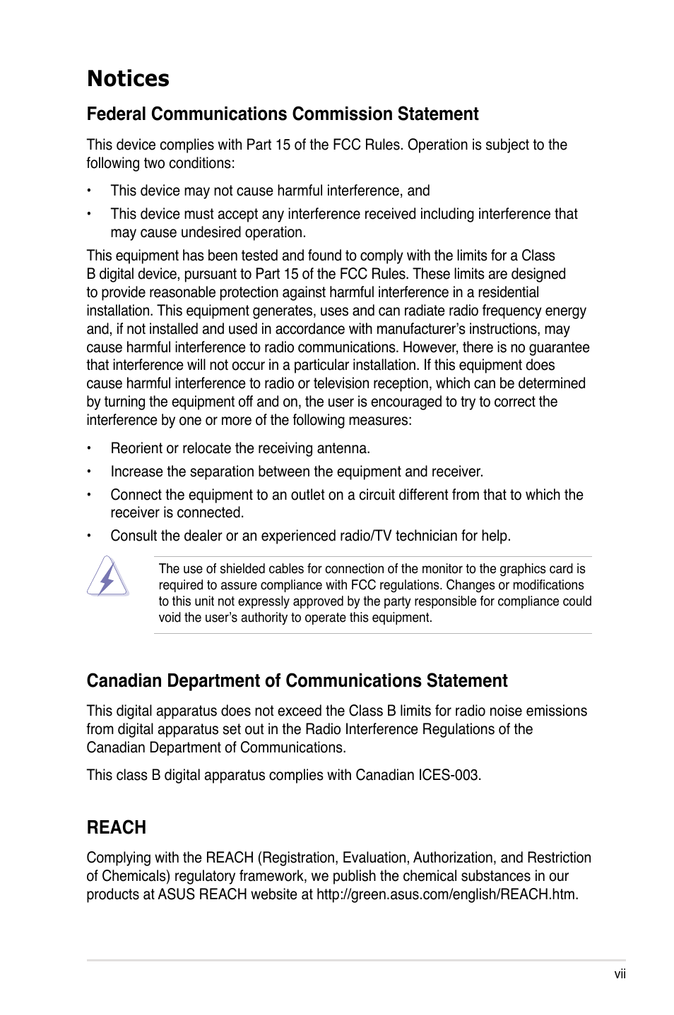 Notices, Federal communications commission statement, Canadian department of communications statement | Reach | Asus Z8PE-D18 User Manual | Page 7 / 164