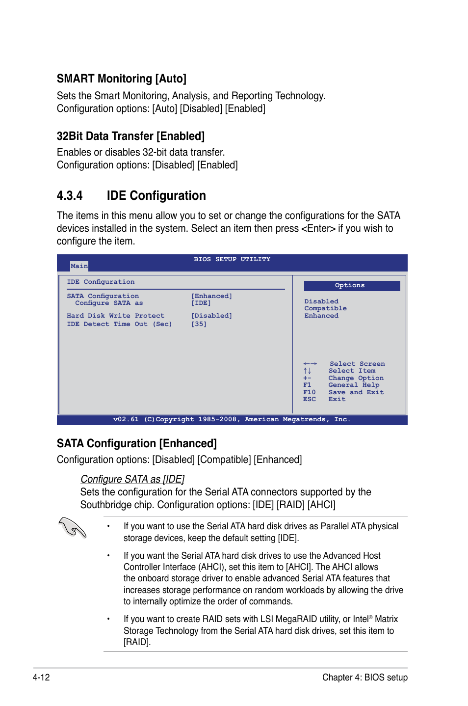 4 ide configuration, Ide configuration -12, Smart monitoring [auto | 32bit data transfer [enabled, Sata configuration [enhanced | Asus Z8PE-D18 User Manual | Page 72 / 164