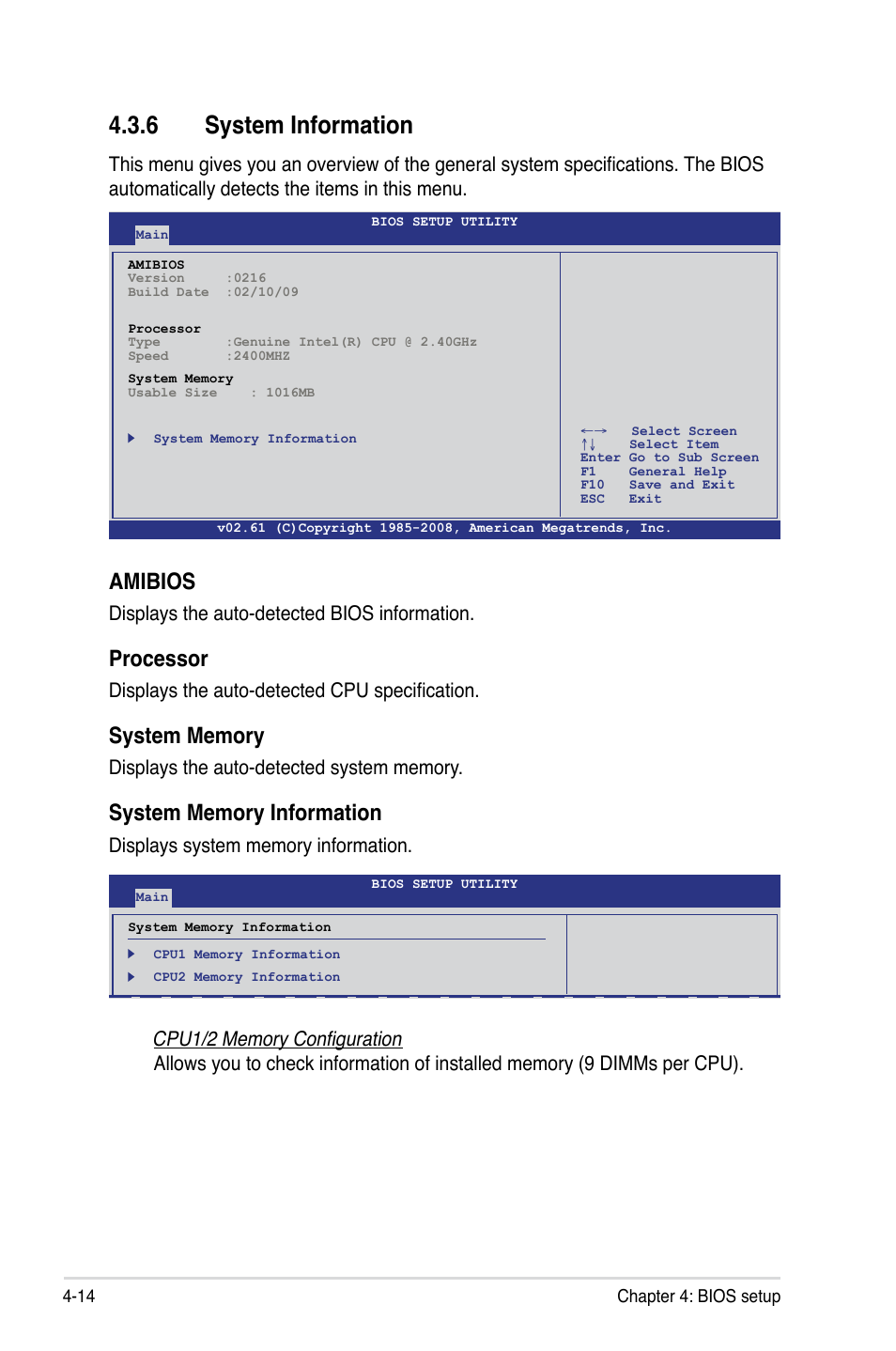 6 system information, System information -14, Amibios | Processor, Displays the auto-detected bios information, Displays the auto-detected cpu specification | Asus Z8PE-D18 User Manual | Page 74 / 164