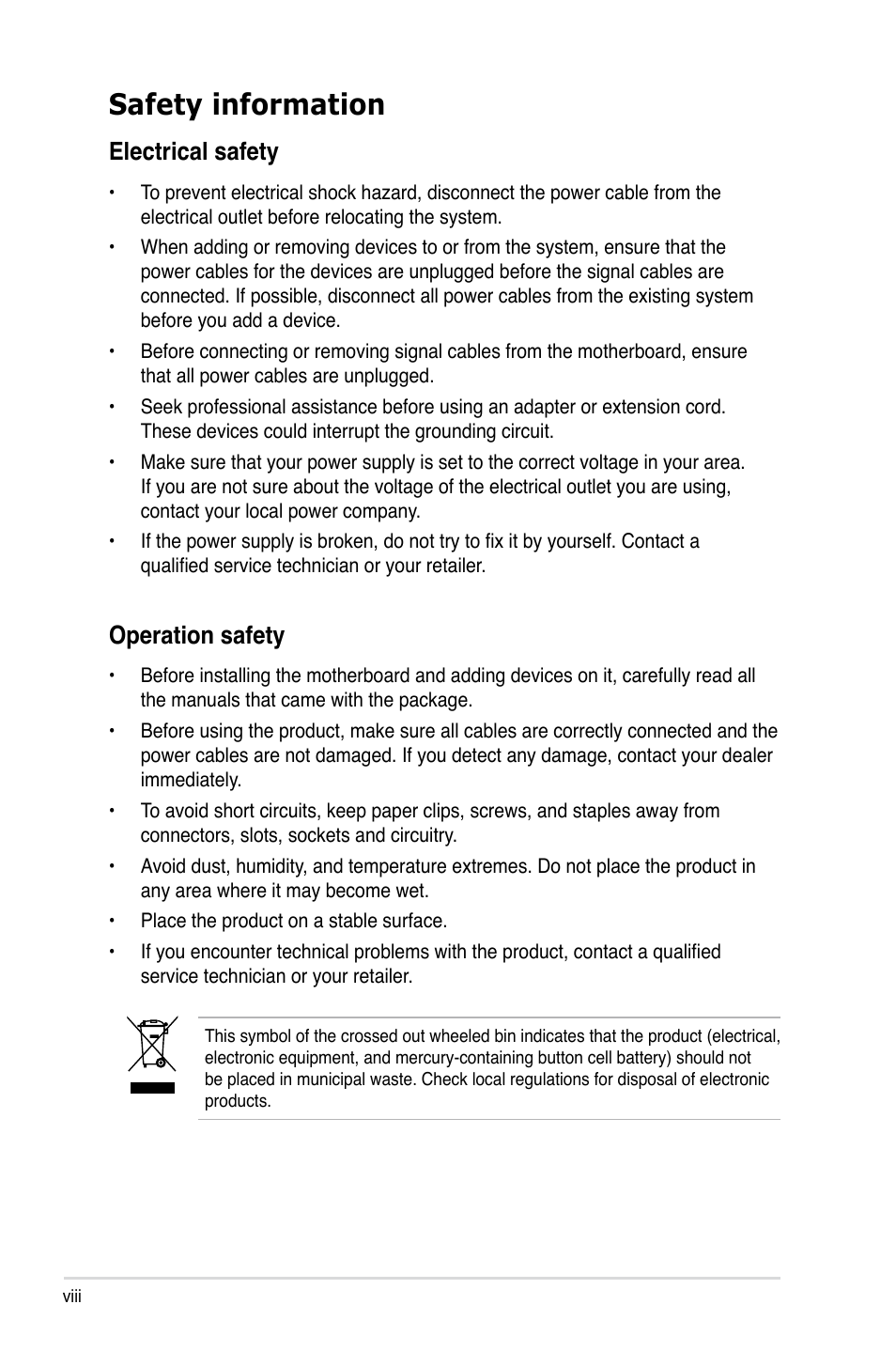 Safety information, Electrical safety, Operation safety | Asus Z8PE-D18 User Manual | Page 8 / 164