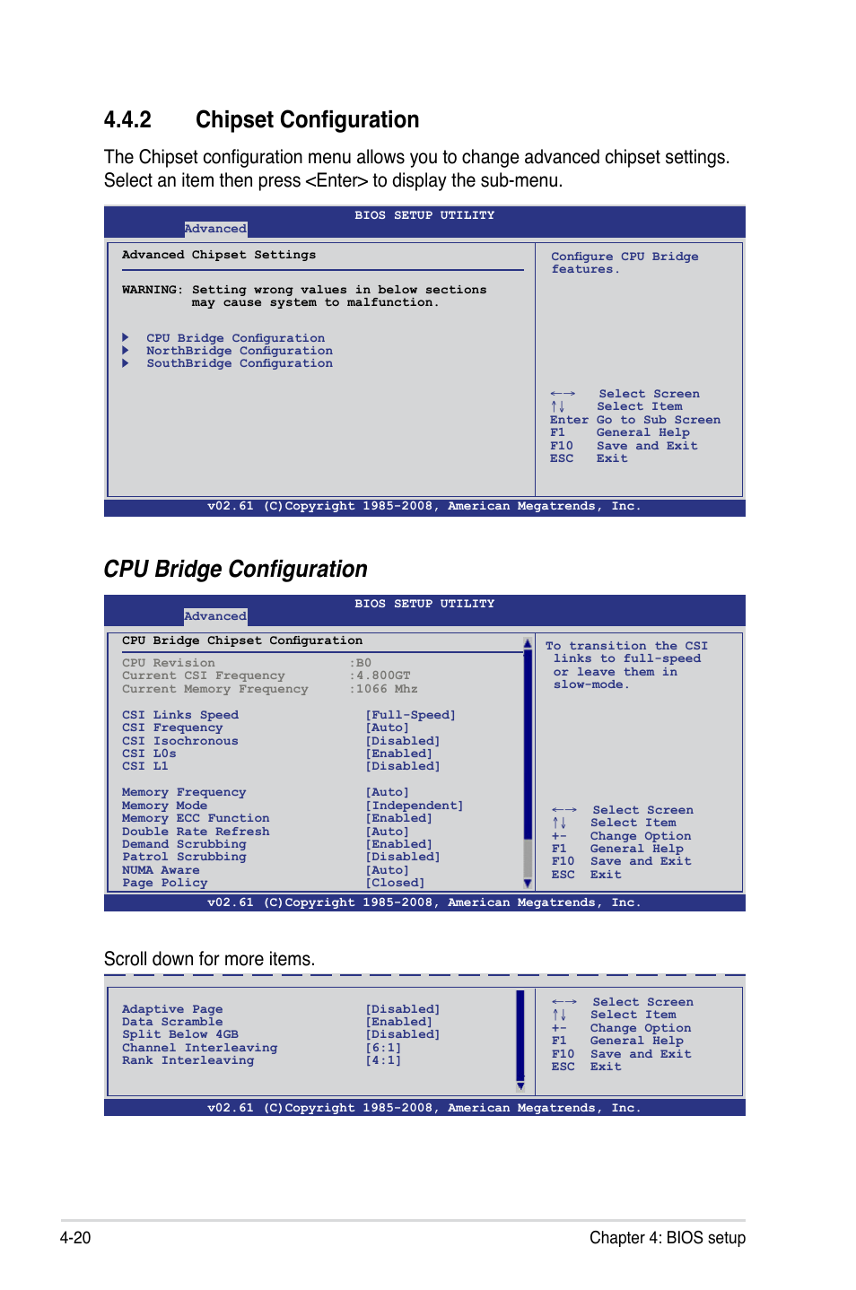 2 chipset configuration, Chipset configuration -20, Cpu bridge configuration | Scroll down for more items, 20 chapter 4: bios setup | Asus Z8PE-D18 User Manual | Page 80 / 164
