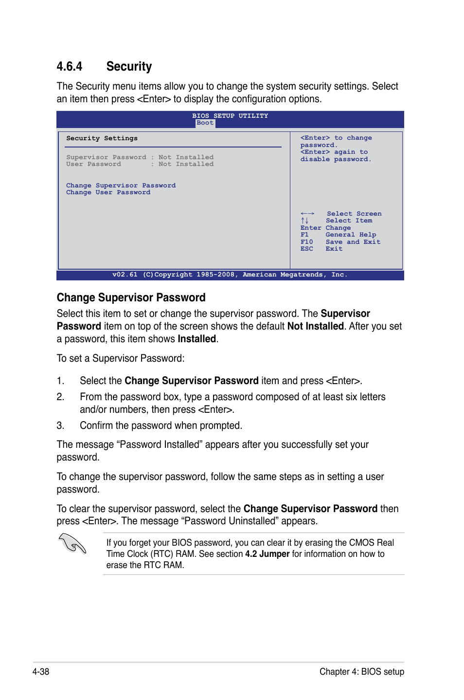 4 security, Security -38, Change supervisor password | Asus Z8PE-D18 User Manual | Page 98 / 164