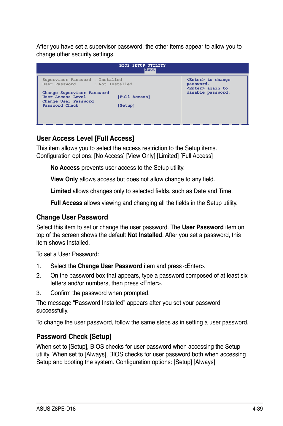 User access level [full access, Change user password, Password check [setup | Asus Z8PE-D18 User Manual | Page 99 / 164