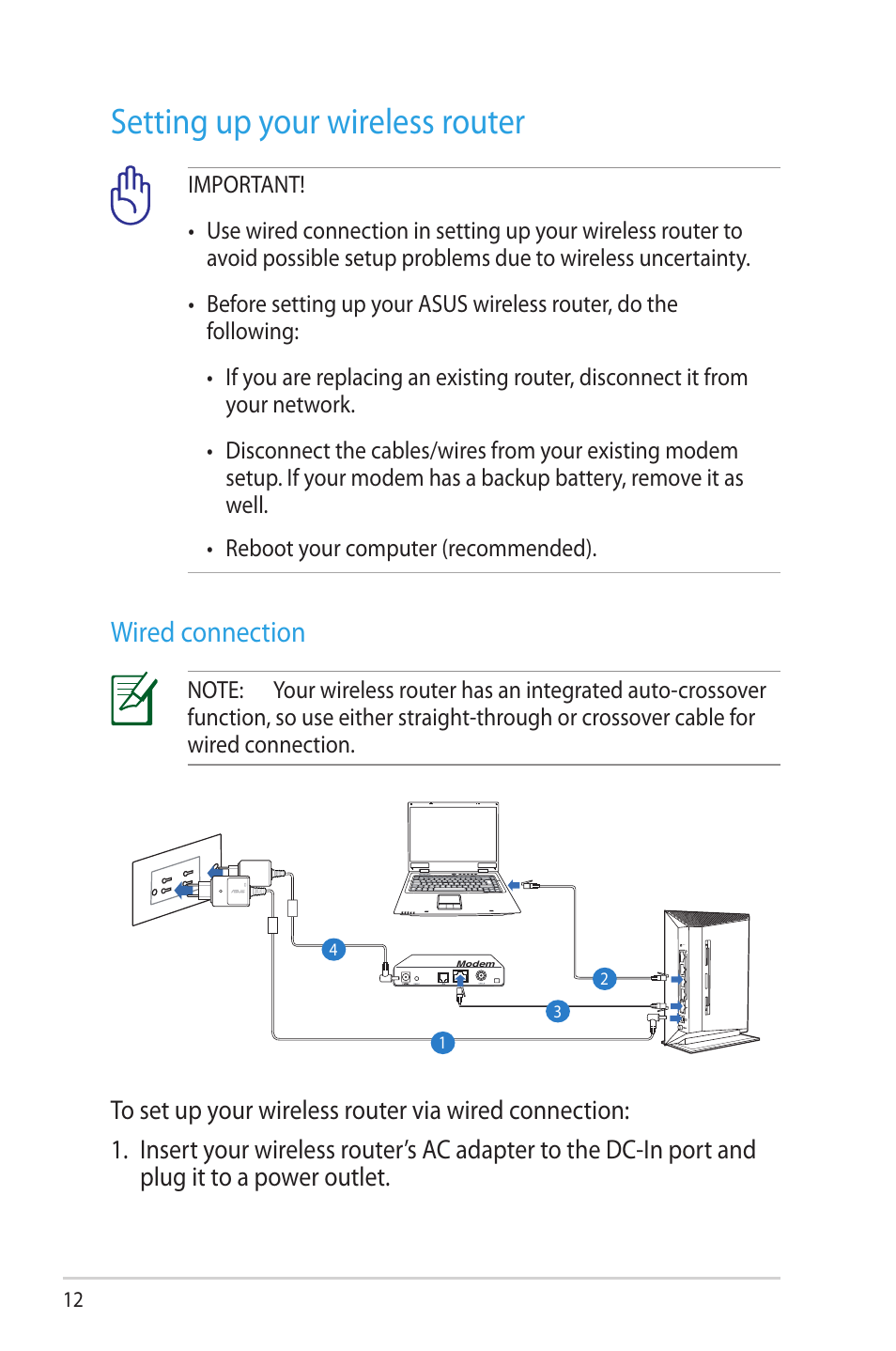 Setting up your wireless router, Wired connection | Asus RT-N53 User Manual | Page 12 / 58