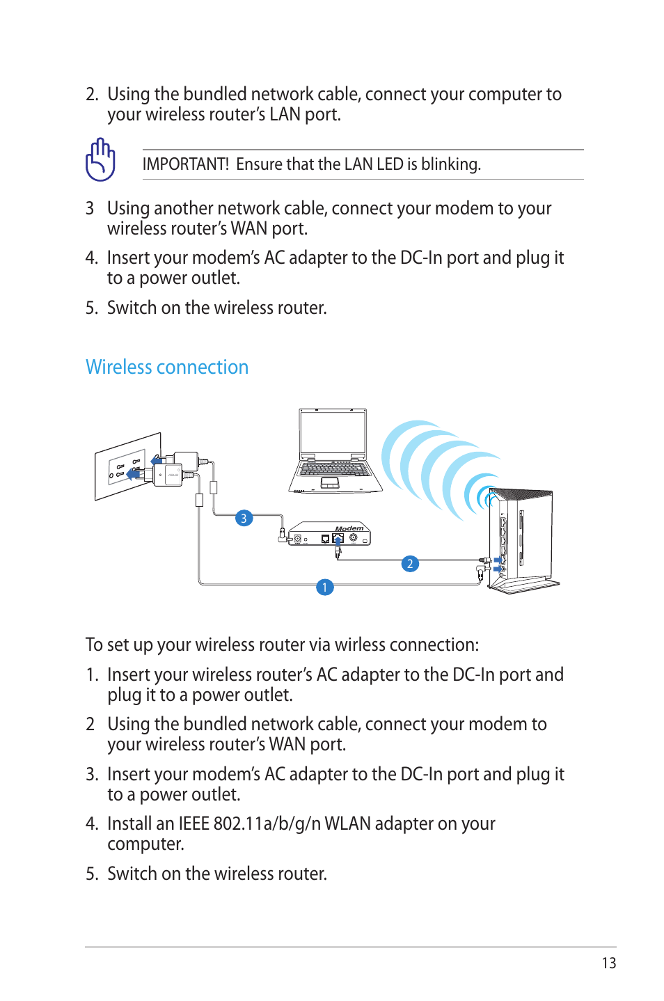 Wireless connection | Asus RT-N53 User Manual | Page 13 / 58