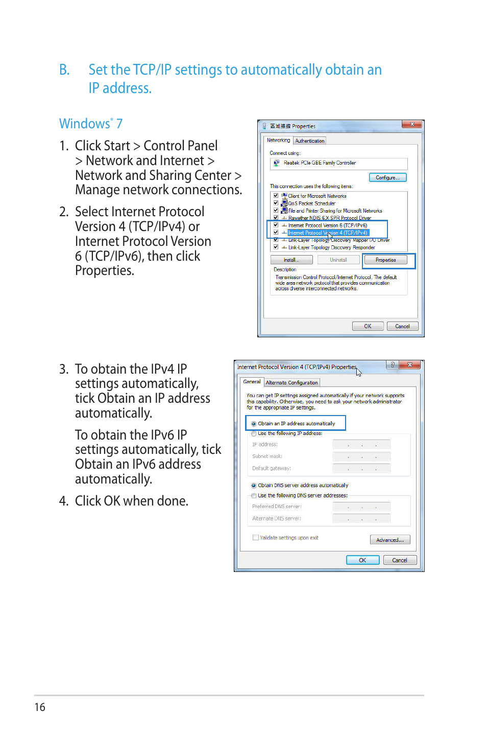 B. set the tcp/ip settings to automatically obtain, An ip address | Asus RT-N53 User Manual | Page 16 / 58