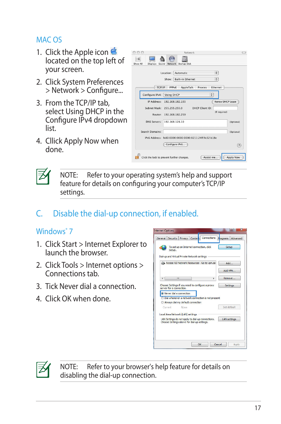 C. disable the dial-up connection, if enabled | Asus RT-N53 User Manual | Page 17 / 58