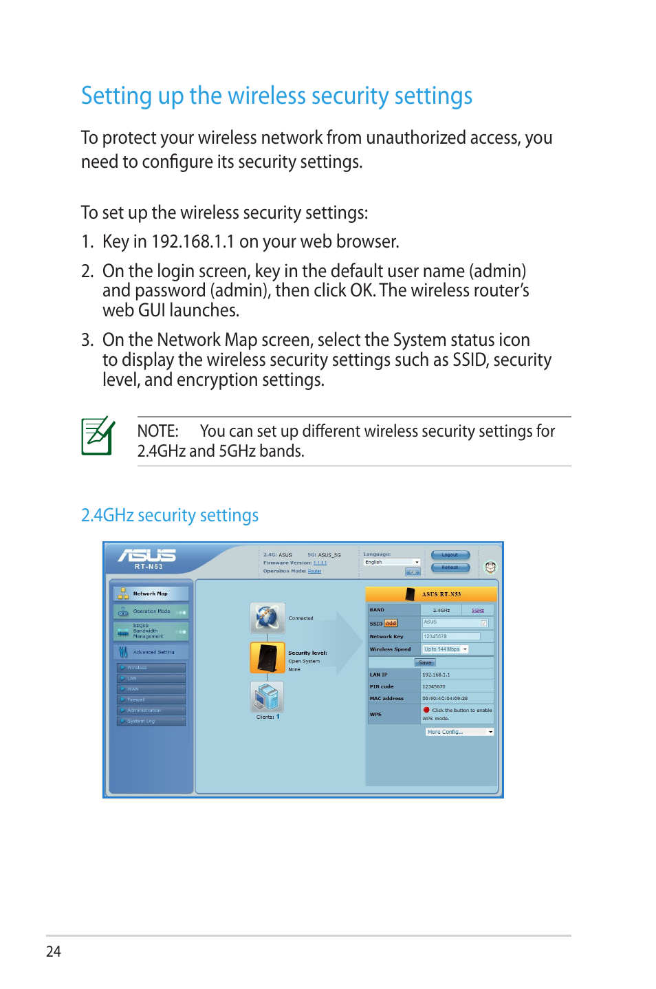 Setting up the wireless security settings | Asus RT-N53 User Manual | Page 24 / 58