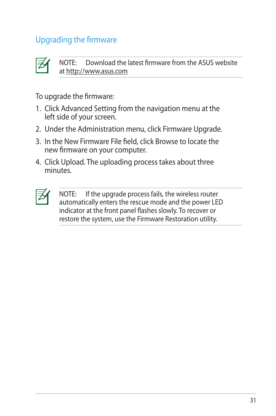 Upgrading the firmware | Asus RT-N53 User Manual | Page 31 / 58