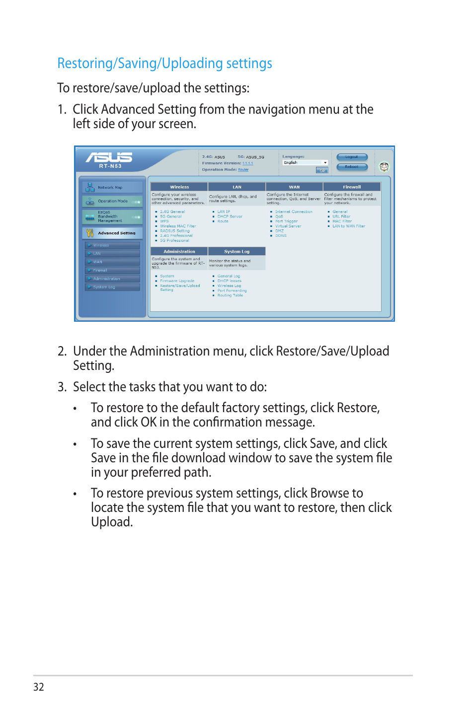 Restoring/saving/uploading settings | Asus RT-N53 User Manual | Page 32 / 58