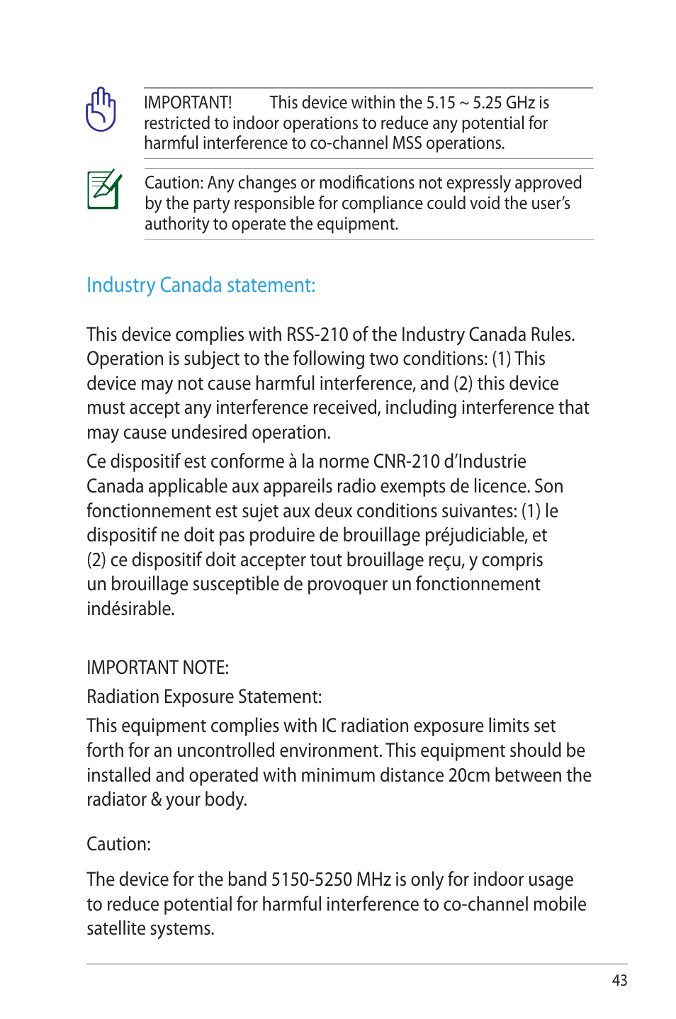Industry canada statement | Asus RT-N53 User Manual | Page 43 / 58
