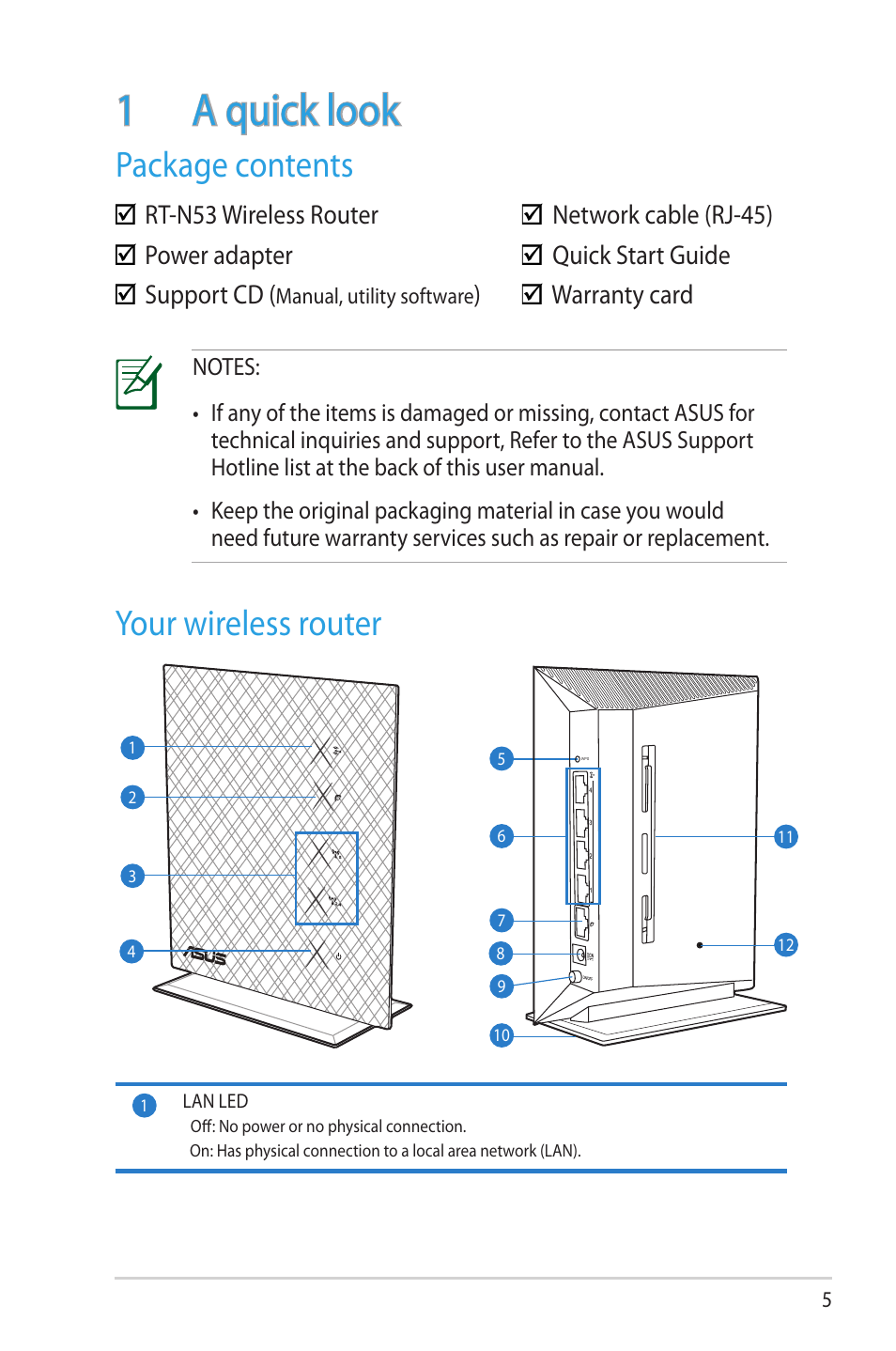 1 a quick look, Package contents your wireless router, Your wireless router package contents | Warranty card | Asus RT-N53 User Manual | Page 5 / 58