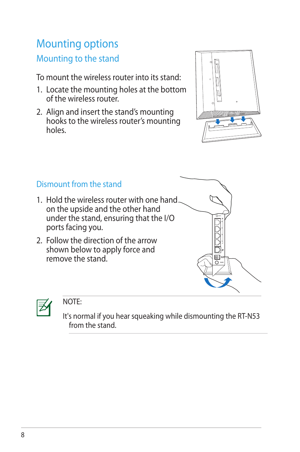 Mounting options, Mounting to the stand mounting on the wall, Mounting to the stand | Asus RT-N53 User Manual | Page 8 / 58