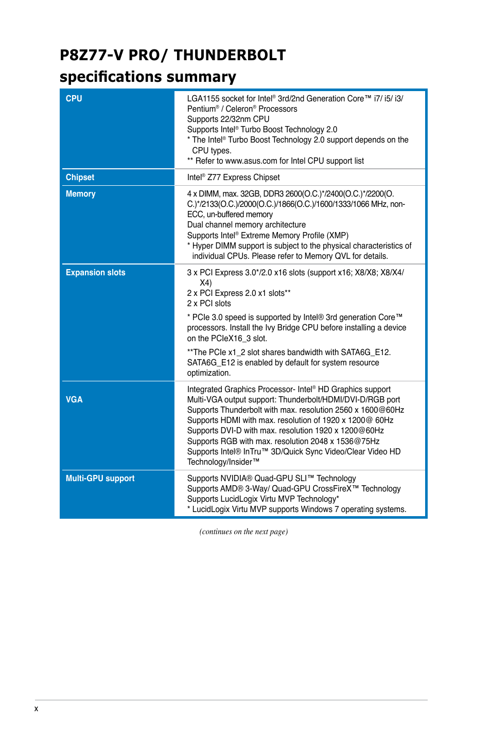 P8z77-v pro/ thunderbolt specifications summary | Asus P8Z77-V PRO/THUNDERBOLT User Manual | Page 10 / 192