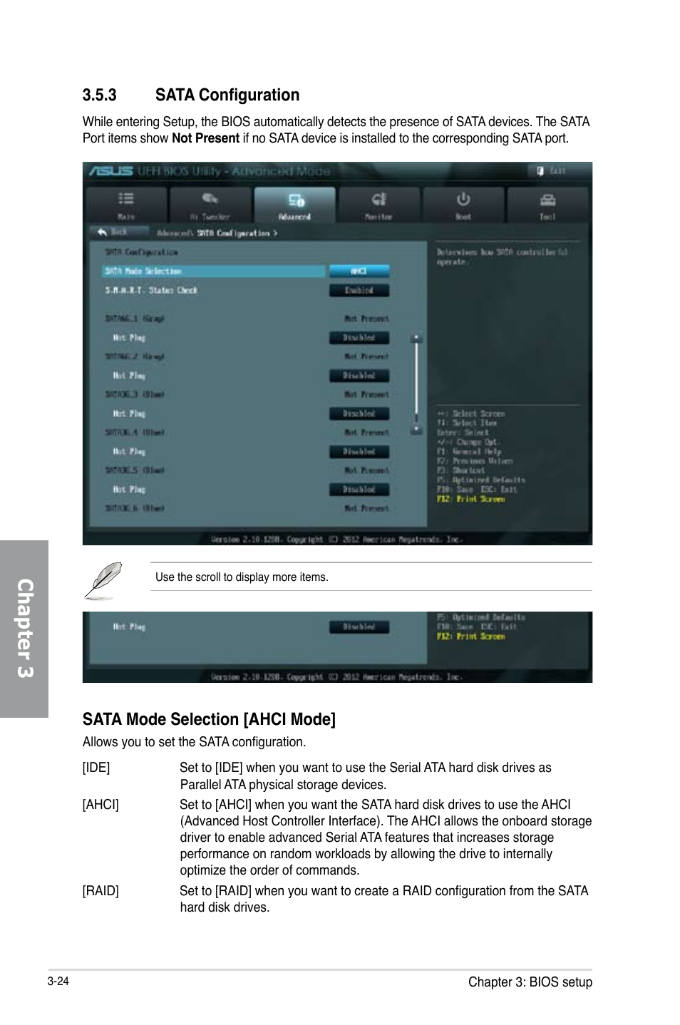 3 sata configuration, Sata configuration -24, Chapter 3 | Sata mode selection [ahci mode | Asus P8Z77-V PRO/THUNDERBOLT User Manual | Page 100 / 192
