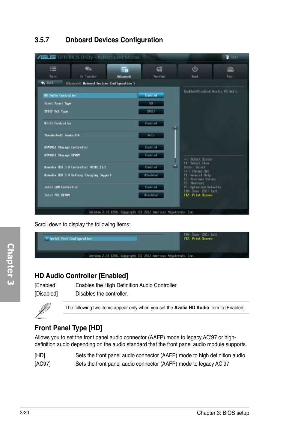 7 onboard devices configuration, Onboard devices configuration -30, Chapter 3 | Hd audio controller [enabled, Front panel type [hd | Asus P8Z77-V PRO/THUNDERBOLT User Manual | Page 106 / 192