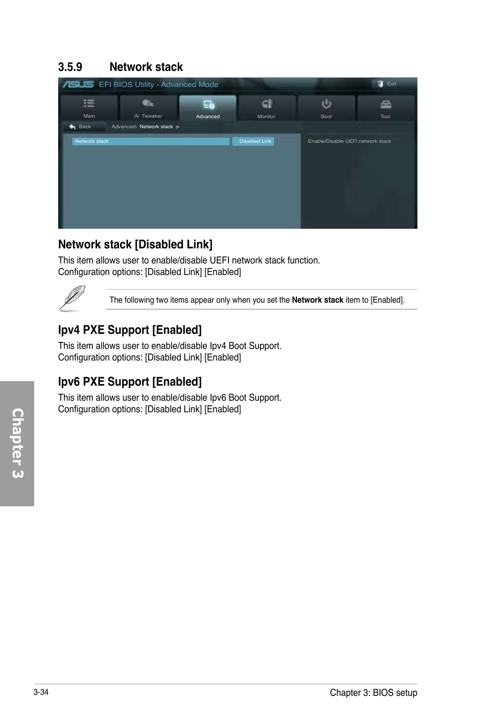 9 network stack, Network stack -34, Chapter 3 | Network stack [disabled link, Ipv4 pxe support [enabled, Ipv6 pxe support [enabled, Chapter 3: bios setup | Asus P8Z77-V PRO/THUNDERBOLT User Manual | Page 110 / 192