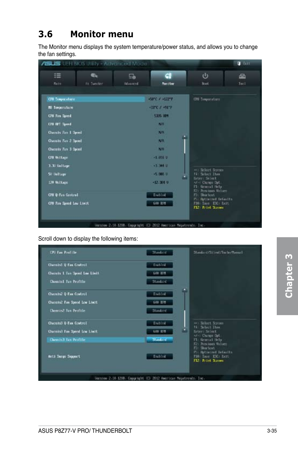 6 monitor menu, Monitor menu -35, Chapter 3 3.6 monitor menu | Asus P8Z77-V PRO/THUNDERBOLT User Manual | Page 111 / 192