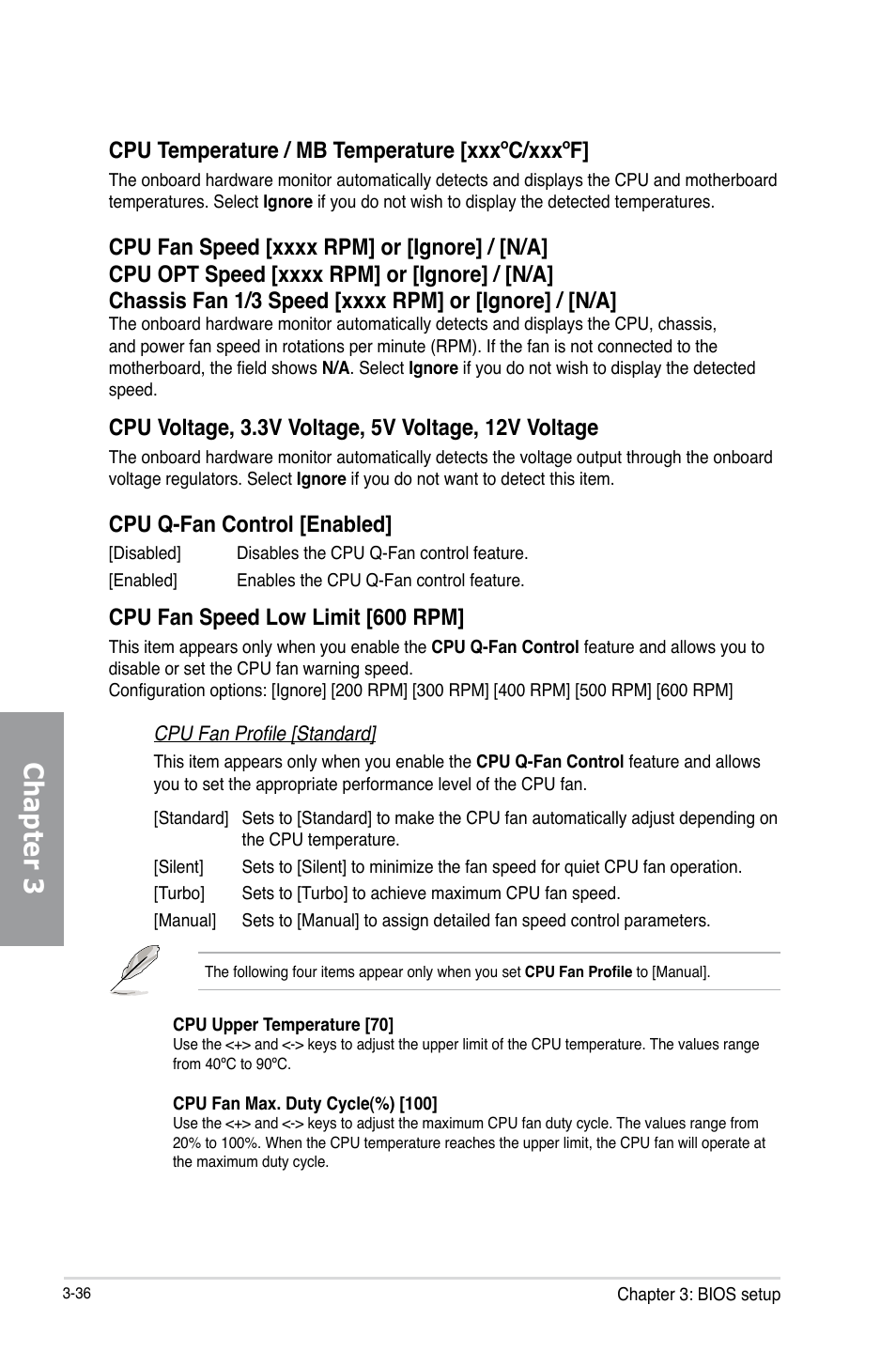 Chapter 3, Cpu temperature / mb temperature [xxxºc/xxxºf, Cpu q-fan control [enabled | Cpu fan speed low limit [600 rpm | Asus P8Z77-V PRO/THUNDERBOLT User Manual | Page 112 / 192