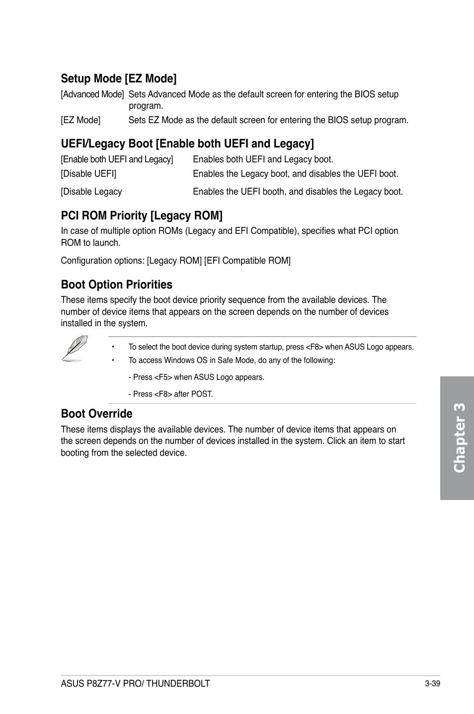 Chapter 3, Setup mode [ez mode, Uefi/legacy boot [enable both uefi and legacy | Pci rom priority [legacy rom, Boot option priorities, Boot override | Asus P8Z77-V PRO/THUNDERBOLT User Manual | Page 115 / 192